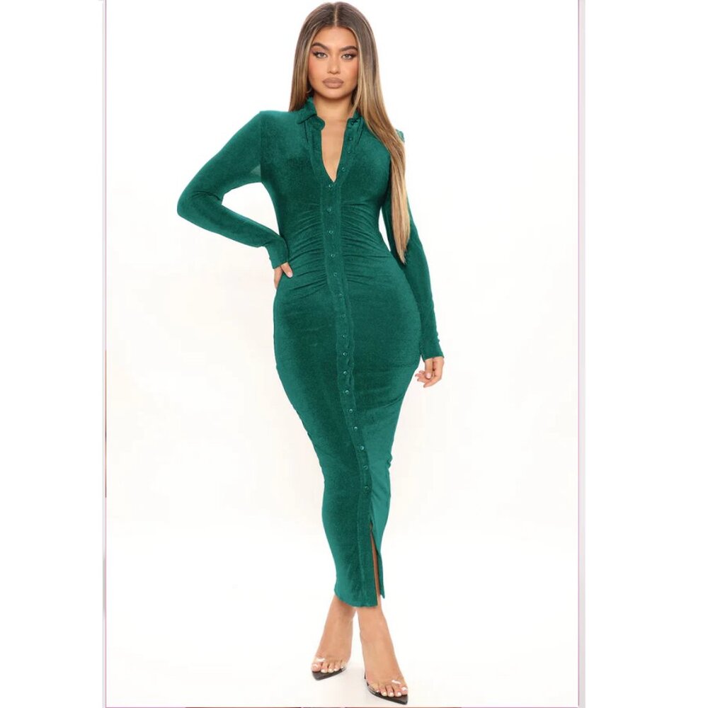 Silky Smooth Long Sleeve Slinky Dress - Teal